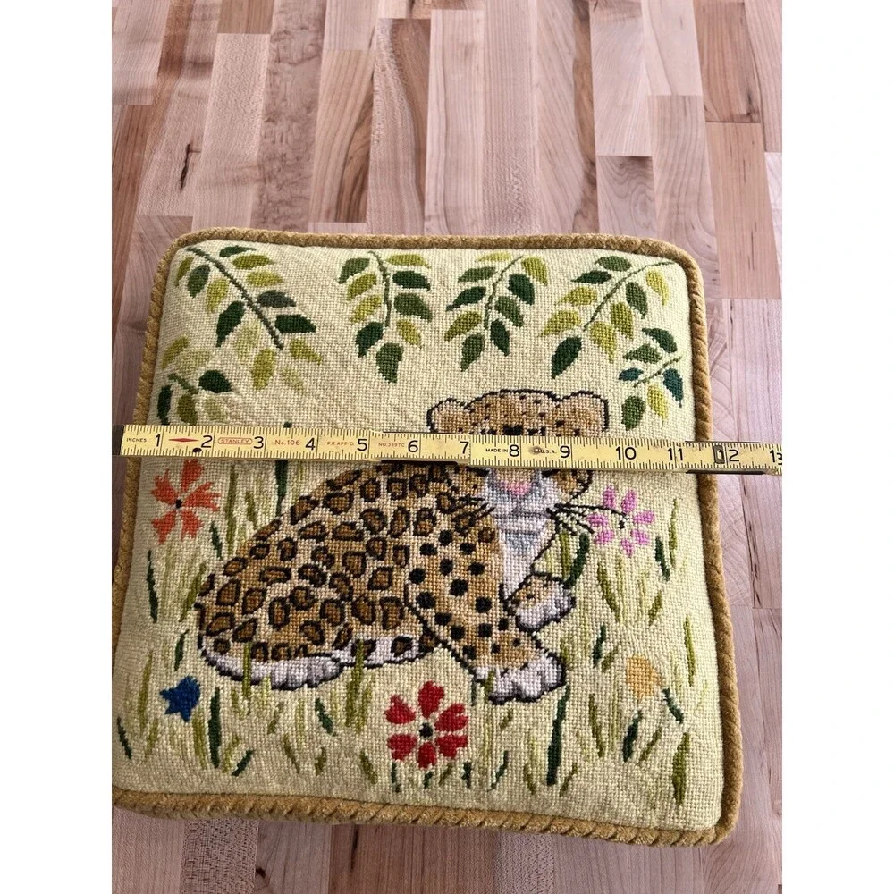 Vintage Needlepoint Pillow Ribbed Velvet Baby Cheetah Leopard Flowers 12 x 12